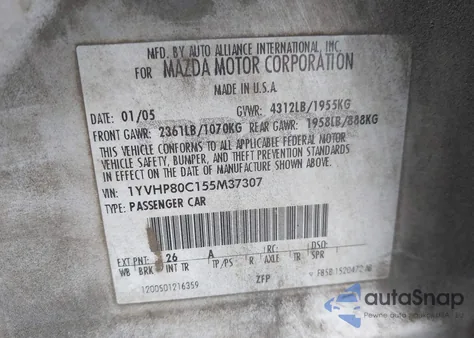 2005 Mazda Mazda6 I Sport из США, поврежденный, VIN 1YVHP80C155M37307